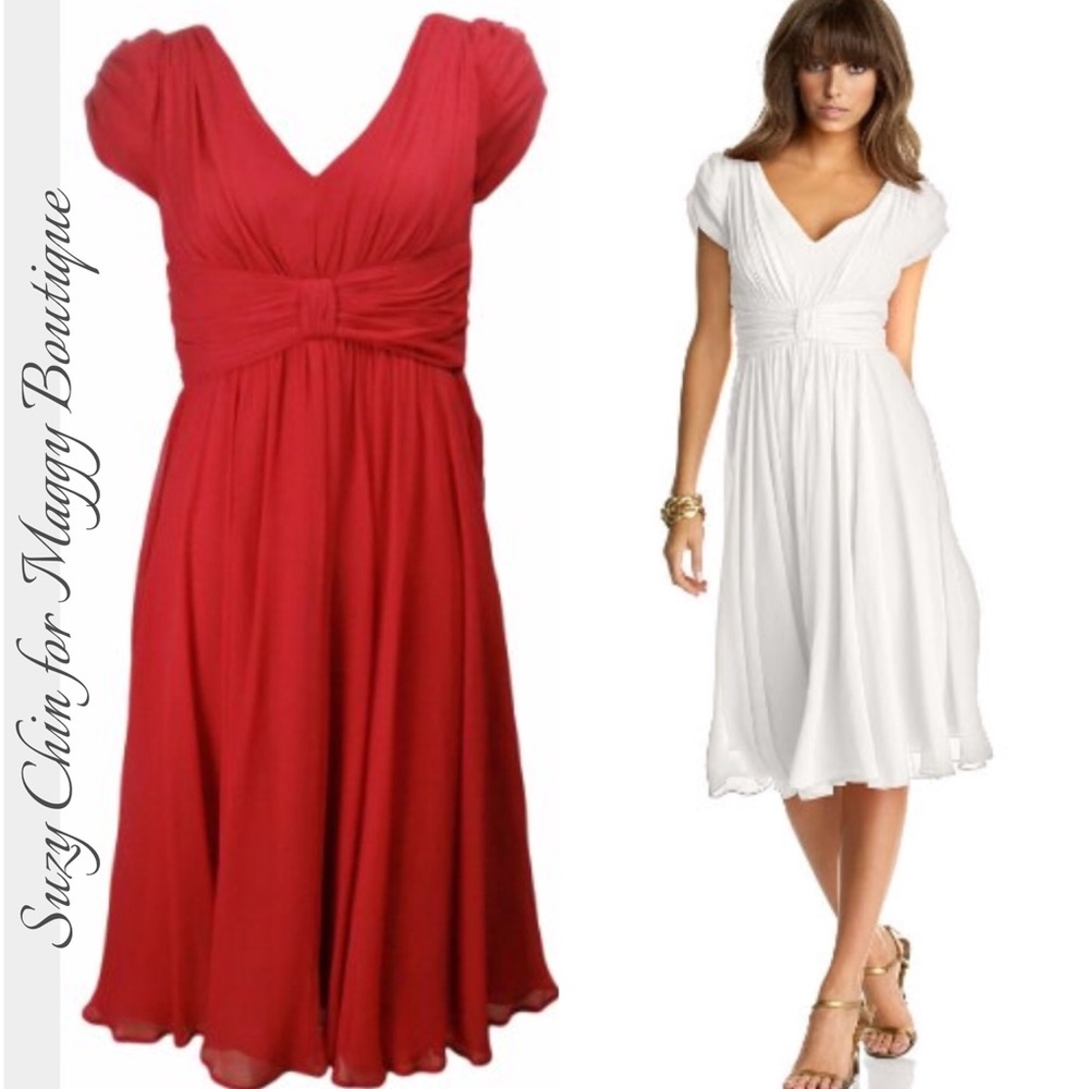 Suzy Chin Coral Red Silk Chiffon Cap Sleeve Ballerina Dress, 2 Petite